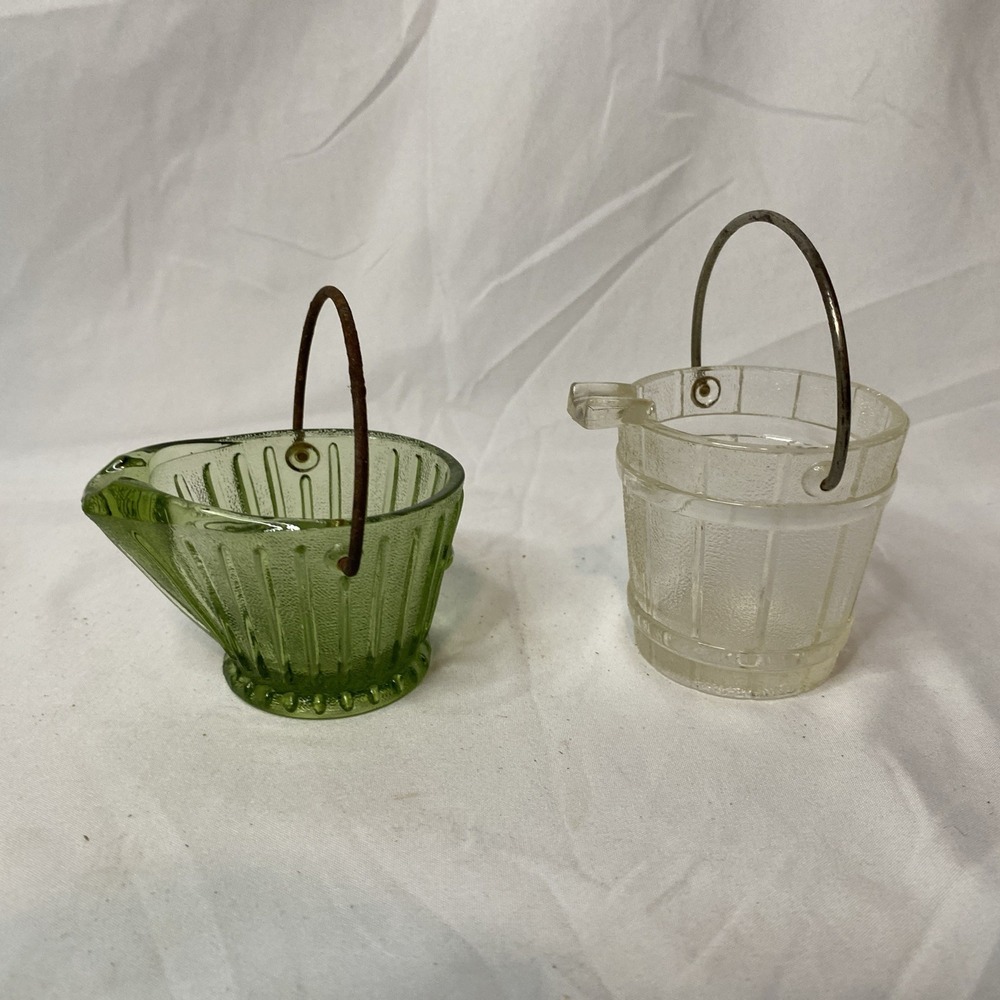 2 Vintage Glass Coal Bucket Figurines Green And Clear